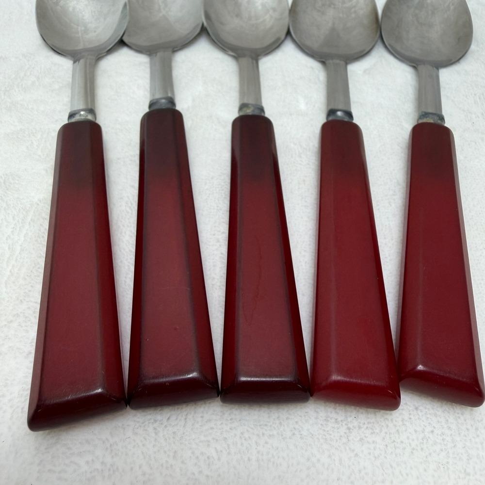 VTG Red Bakelite Handle Stainless Steel Spoons Set of 5 Mid-Century Art Deco - Picture 13 of 14